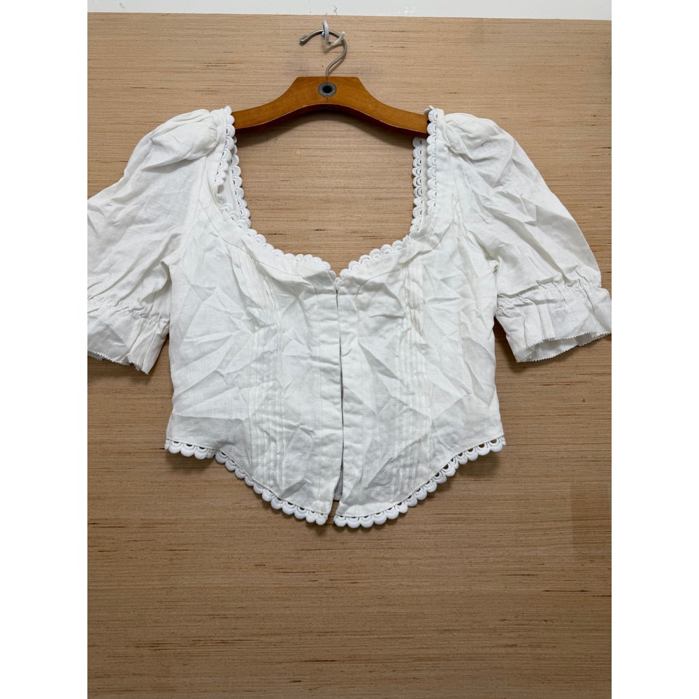 Reformation White Linen Milkmaid Crop Top Scalloped Lace Smocked Back Size 6